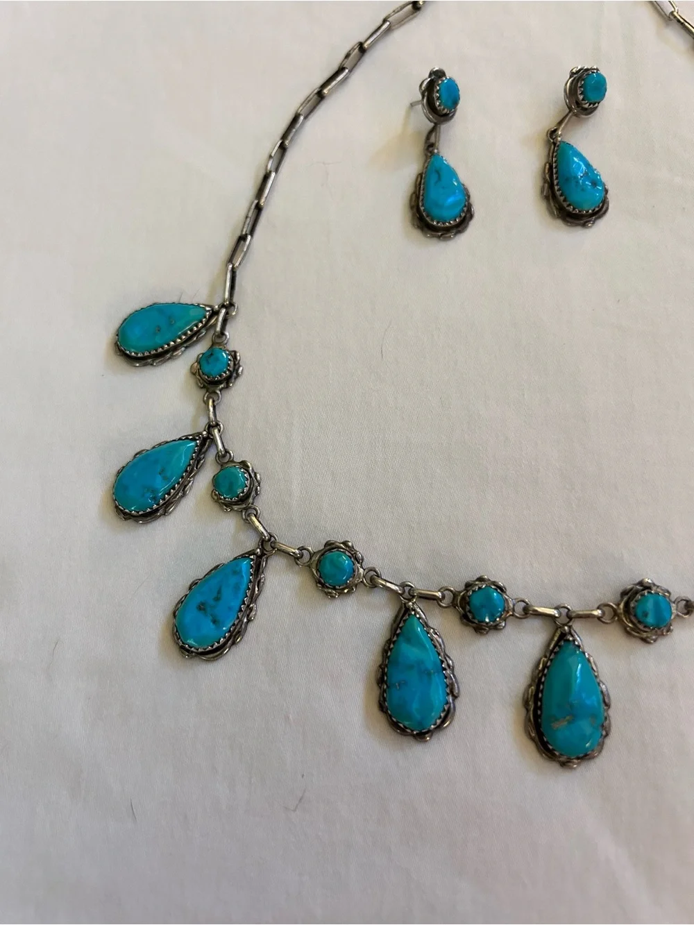 Turquoise Teardrop Necklace and Earring Set - Blue Silver Statement Jewelry